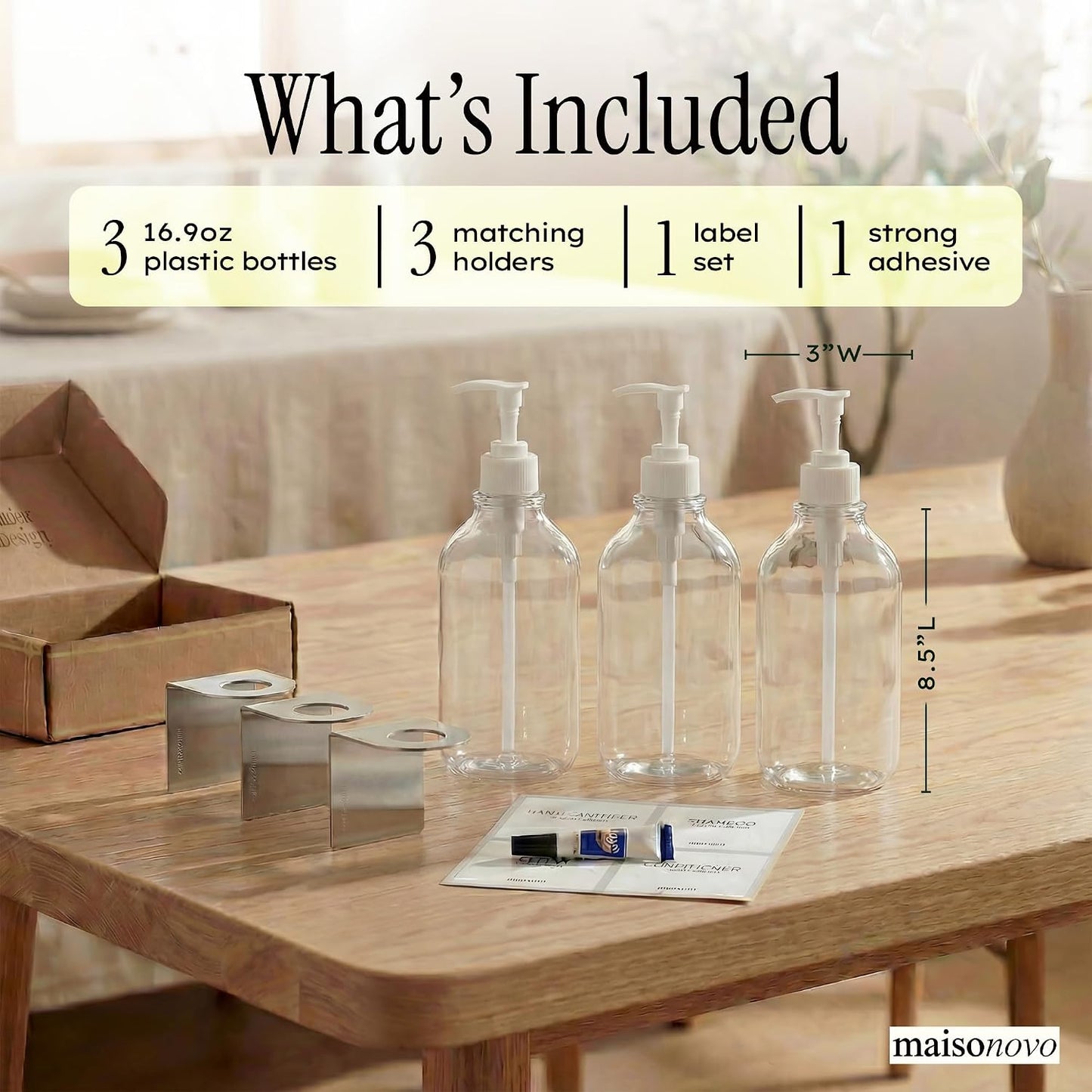 MaisoNovo Shampoo and Conditioner Dispenser|Refillable Black Set of 3 | 500 ml Shower Gel Dispenser Set of 3. Refillable Shampoo and Conditioner Bottles. Drill Free Secure Design. Black