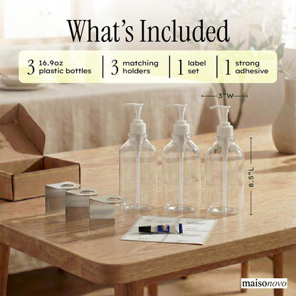 MaisoNovo Shampoo and Conditioner Dispenser|Refillable Black Set of 3 | 500 ml Shower Gel Dispenser Set of 3. Refillable Shampoo and Conditioner Bottles. Drill Free Secure Design. Black