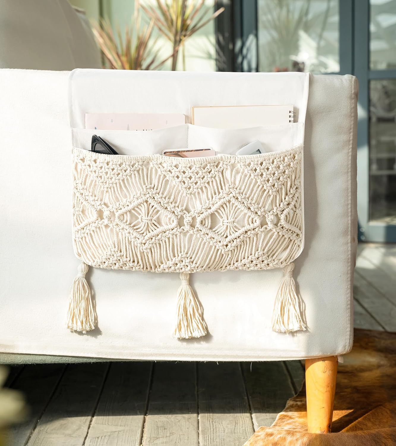 Mkono Macrame Armchair Caddy, Boho Couch Armrest Organizer, 4 Pockets Beige | Large, Sofa Bedside Caddy, Remote Control Magazine Phone Holder, Living Room Bedroom Dorm, Boho Decor, Space-Saving Storage