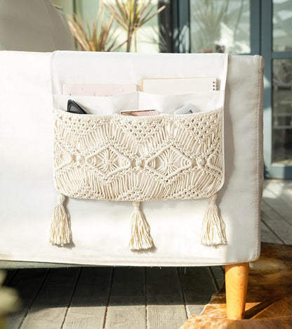 Mkono Macrame Armchair Caddy, Boho Couch Armrest Organizer, 4 Pockets Beige | Large, Sofa Bedside Caddy, Remote Control Magazine Phone Holder, Living Room Bedroom Dorm, Boho Decor, Space-Saving Storage