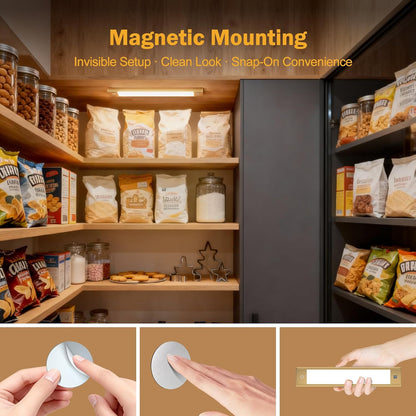 V4light Motion Sensor Cabinet Light, Rechargeable, Dimmable, 2Pcs, 9in | Gold aluminum, magnetic wireless, 1800mAh, 3 color temps & dimmable, ideal for kitchen cabinets, shelves & closets