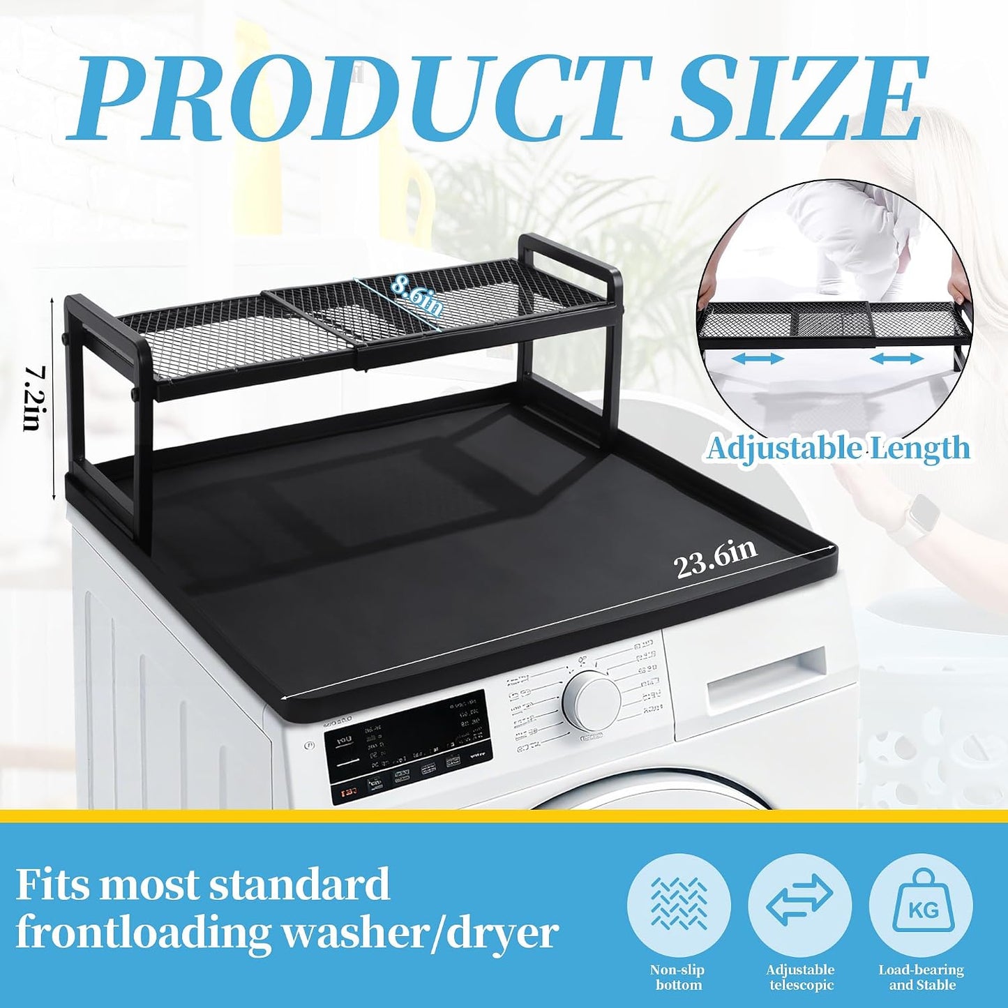 Washer Dryer Countertop with Adjustable Shelf, Expandable Washer and Dryer Countertop with Non-Slip Mat, Universal Fit Large Space Laundry Room Organization(23.6x8.6x7in)