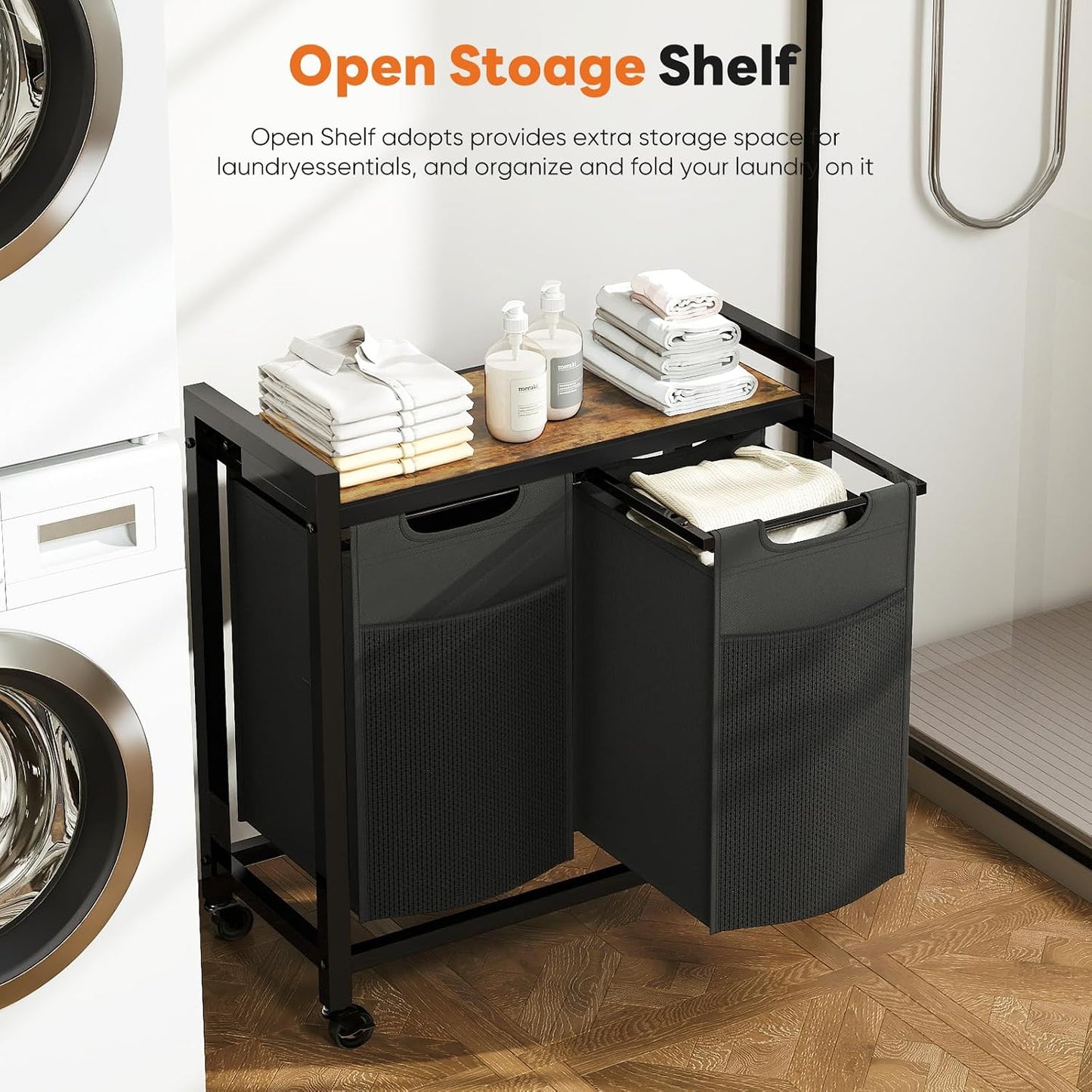 NEWBULIG Laundry Hamper Sorter with Wheels, Rolling Laundry Basket with Shelf & Removable Pull-Out Bag, Dirty Clothes Hamper for Room Organizer, 3 x 10.6 Gal (120L) - Rustic Brown and Black