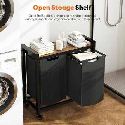 NEWBULIG Laundry Hamper Sorter with Wheels, Rolling Laundry Basket with Shelf & Removable Pull-Out Bag, Dirty Clothes Hamper for Room Organizer, 3 x 10.6 Gal (120L) - Rustic Brown and Black