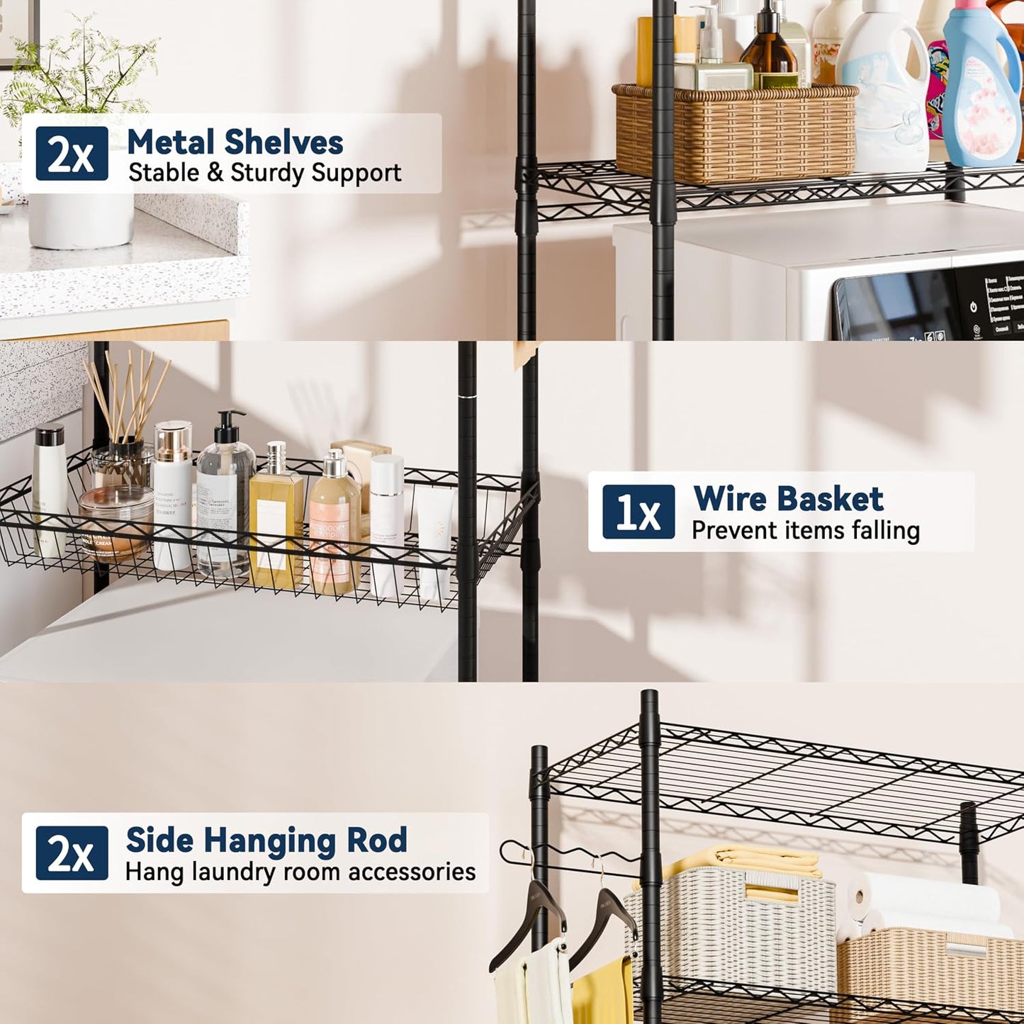 Laundry Room Storage Shelf & Organizer, 2 Tier Metal Over Washer and Dryer Shelves, Washing Machine Shelf with Hanger Rod, Expandable Bathroom Space Saver Shelf, 26–37" L x 15.8" W x 59.5" H, Black