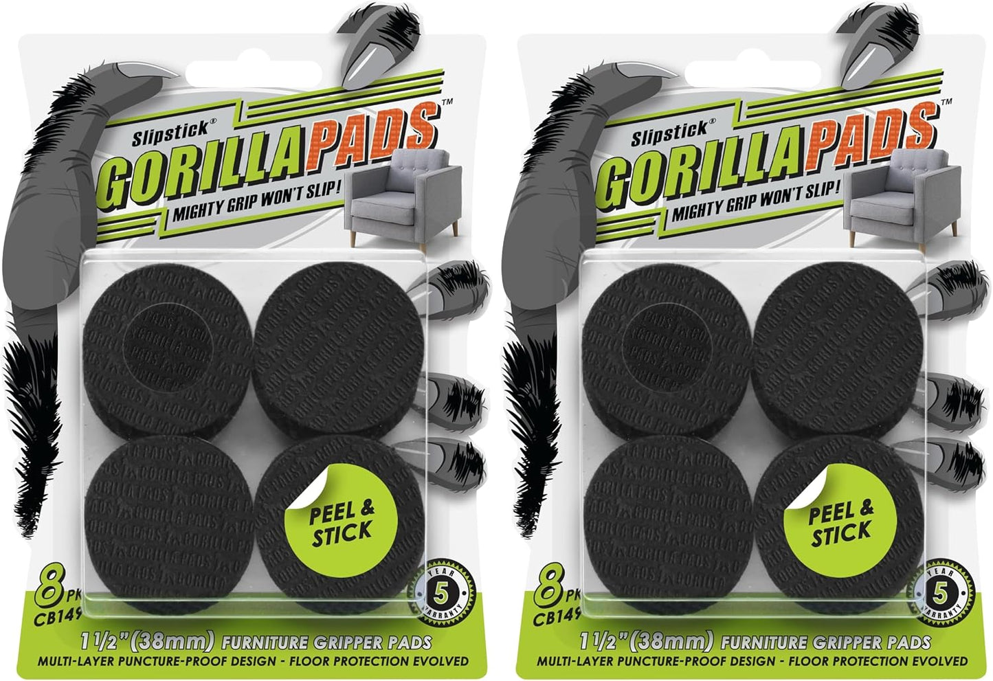 Slipstick GorillaPads CB147 Non Slip Furniture Pads/Gripper Feet (Set of 16) Self Adhesive Rubber Floor Protectors, 1 inch Round, Black