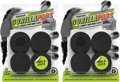 Slipstick GorillaPads CB147 Non Slip Furniture Pads/Gripper Feet (Set of 16) Self Adhesive Rubber Floor Protectors, 1 inch Round, Black