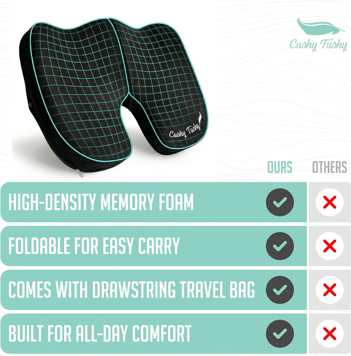 Cushy Tushy Premium Foldable Travel Seat Cushion - for Relief of Lower Back, Sciatic, Butt and Tailbone Pain - for Home & Office Use, Perfect for Travel or Driving - Coccyx Seat Cushion