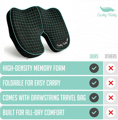 Cushy Tushy Premium Foldable Travel Seat Cushion - for Relief of Lower Back, Sciatic, Butt and Tailbone Pain - for Home & Office Use, Perfect for Travel or Driving - Coccyx Seat Cushion