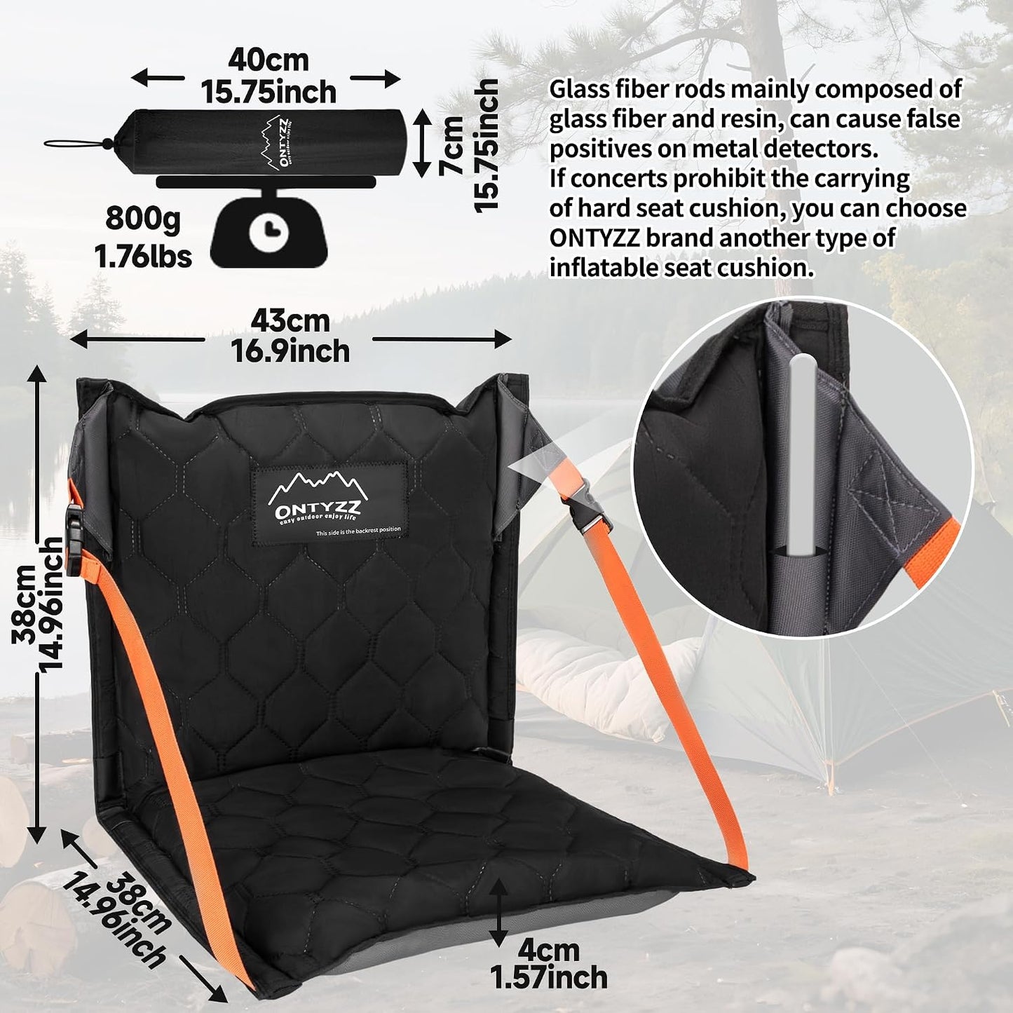 Stadium Seats with Back Support Inflatable Portable Folding Seat | Waterproof Cushion with Backrest for Sports Events Stadium and Camping, Black Heated Version