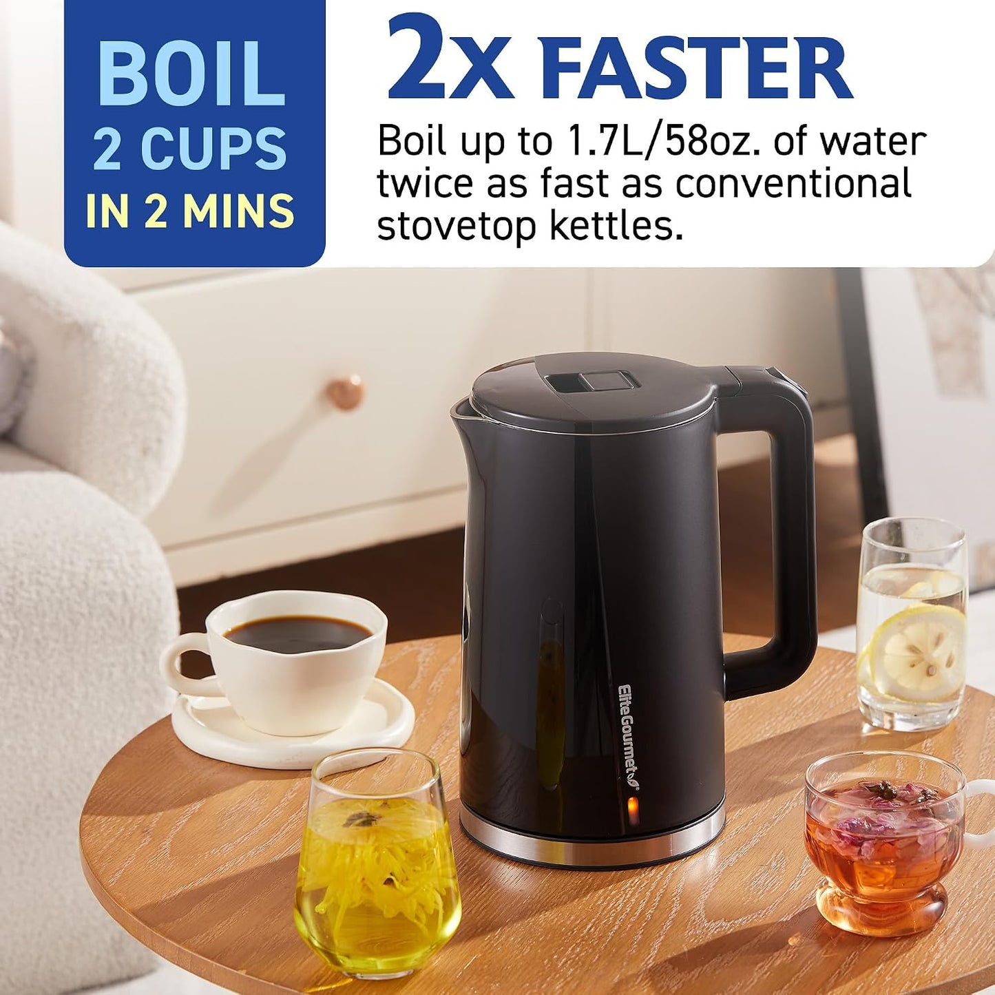 Elite Gourmet 1.7L Cool-Touch 1500W Fast Boil Kettle, Double Wall, Black | Fully Stainless Steel Lid & Interior, BPA-Free, Auto Shut-Off