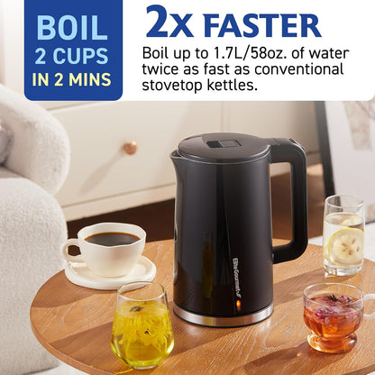 Elite Gourmet 1.7L Cool-Touch 1500W Fast Boil Kettle, Double Wall, Black | Fully Stainless Steel Lid & Interior, BPA-Free, Auto Shut-Off