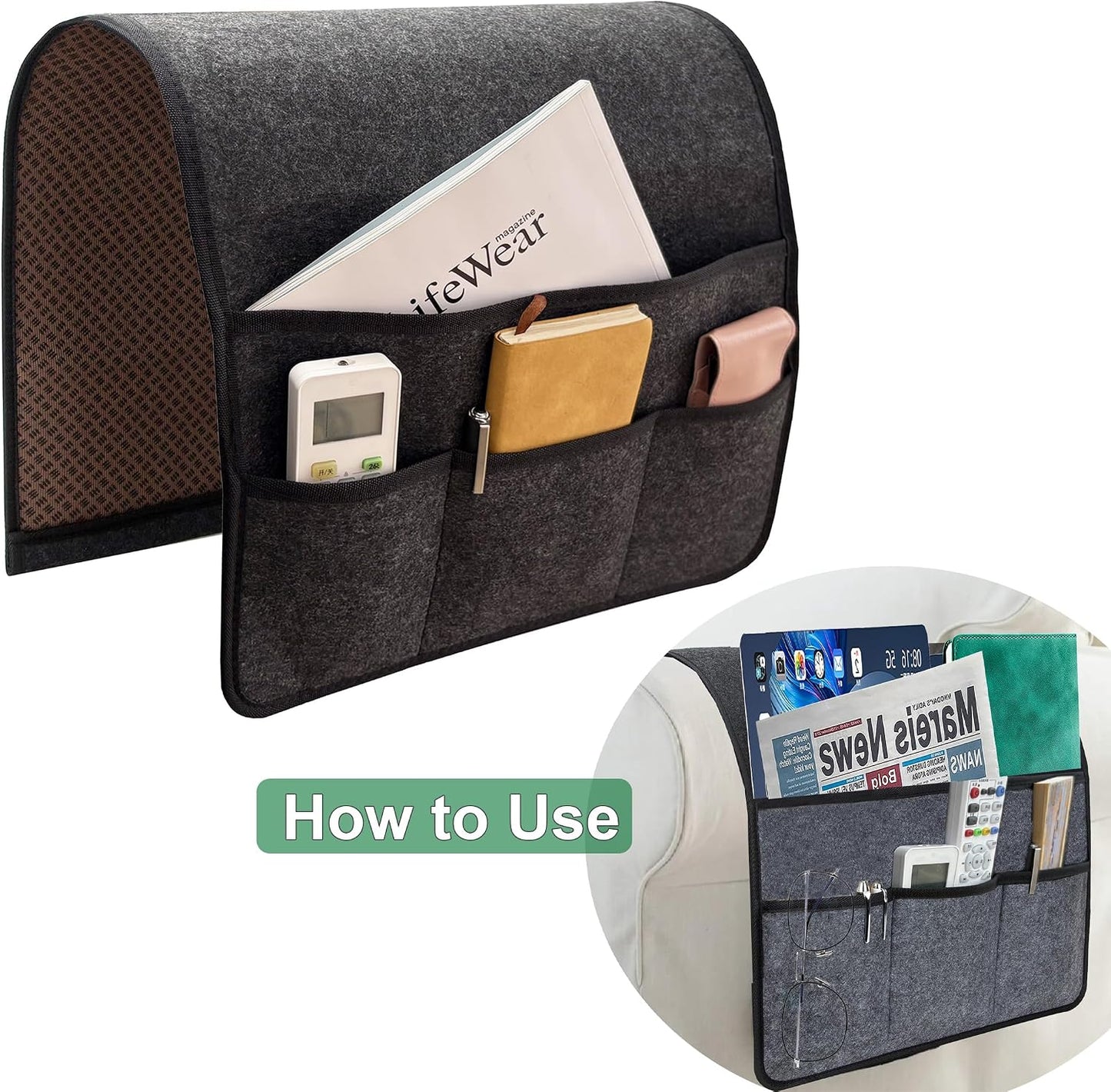 Bedside Caddy, Sofa Caddy, Storage Organizer Pocket for Dorm, Bedroom, 5 Pockets Felt Organizer for Magazine, Remote, Phone, Tablet, Pad, Glasses, Pen, Remote Control (Light Grey-Short)
