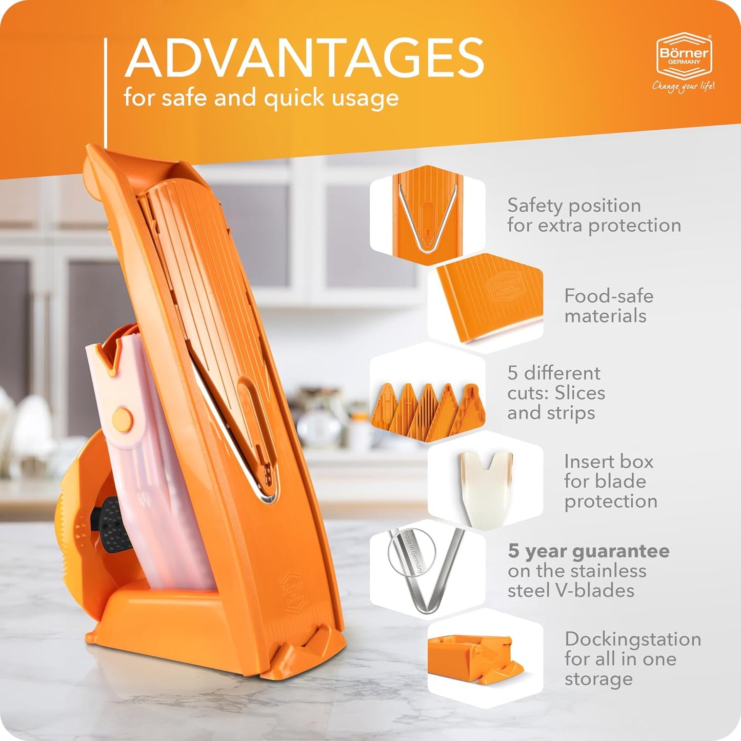 Börner Mandoline Slicer V1 (Basis Set) • V-Slicer with 2 Inserts & Fruit Holder • Adjustable Kitchen Slicer for Vegetables & Fruits • Vegetable Cutter • 3 Thickness Settings • Color: Red