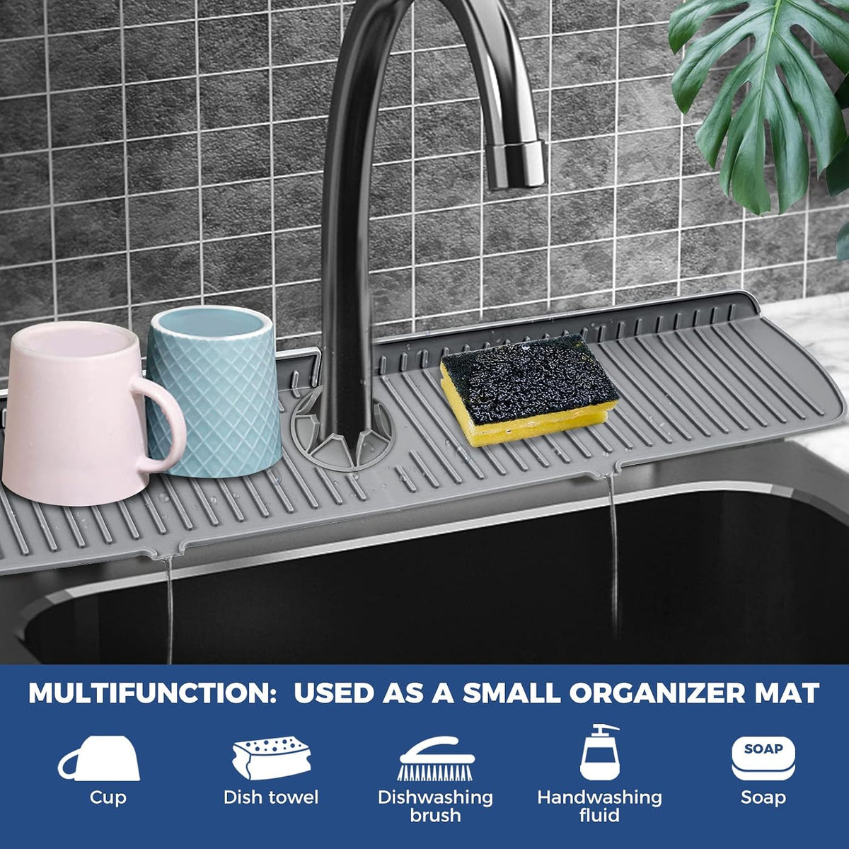 BFONS Silicone Faucet Handle Drip Catcher Drying Tray Mat Dish Soap Sponge Holder Accessories Gadgets for Kitchen Counter Bathroom Kitchen Sink Splash Guard -Grey