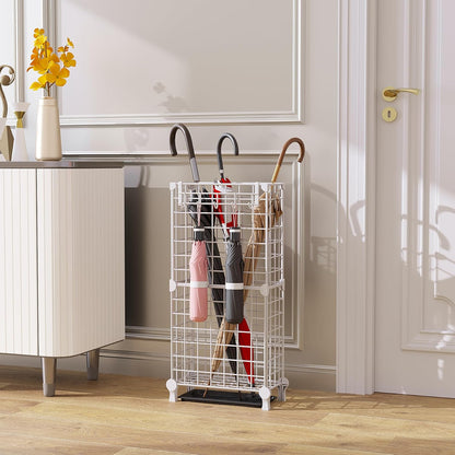 AWTATOS Umbrella Holder Entryway, Umbrella Stand Freestanding, Black | Metal Square Umbrella Rack Organizer with a Removable Drip Tray, Hooks