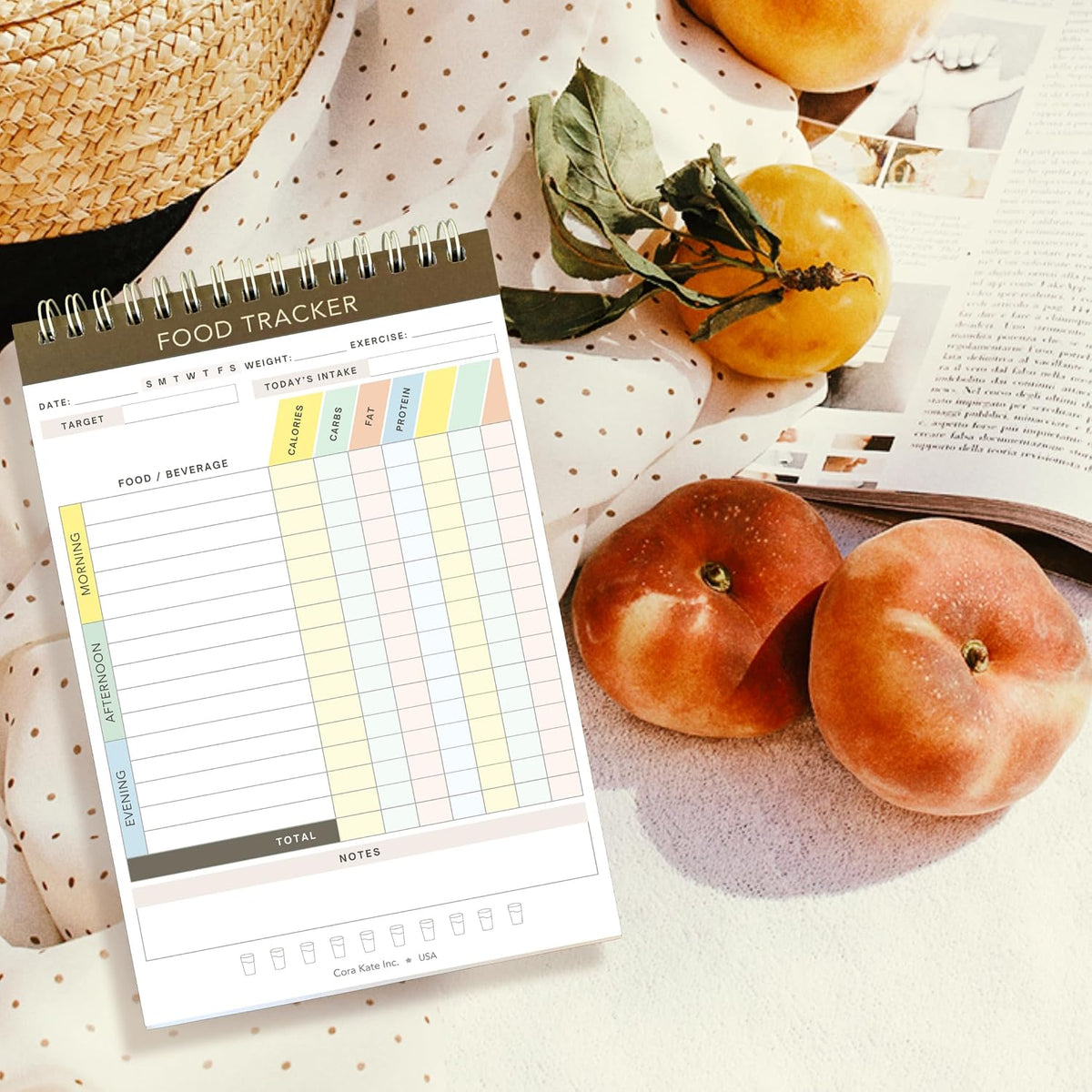 Cora Kate Food Journal Diary, 5.5 x 8.5 Calorie Counter Book, 52-Page Double-Sided Spiral Bound Meal Tracker for Tracking Calories, Carbs, Fat, Protein, Calorie Tracker, Food Log for Diet & Nutrition