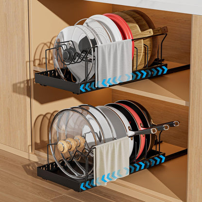 Black 2 Pack Pot Lid Organizer, Pull Out Cabinet Rack, 16 Dividers | 2-pack black carbon steel rack, 16 adjustable dividers, quiet slide rails, adhesive or screw mount for lids, pans, bakeware