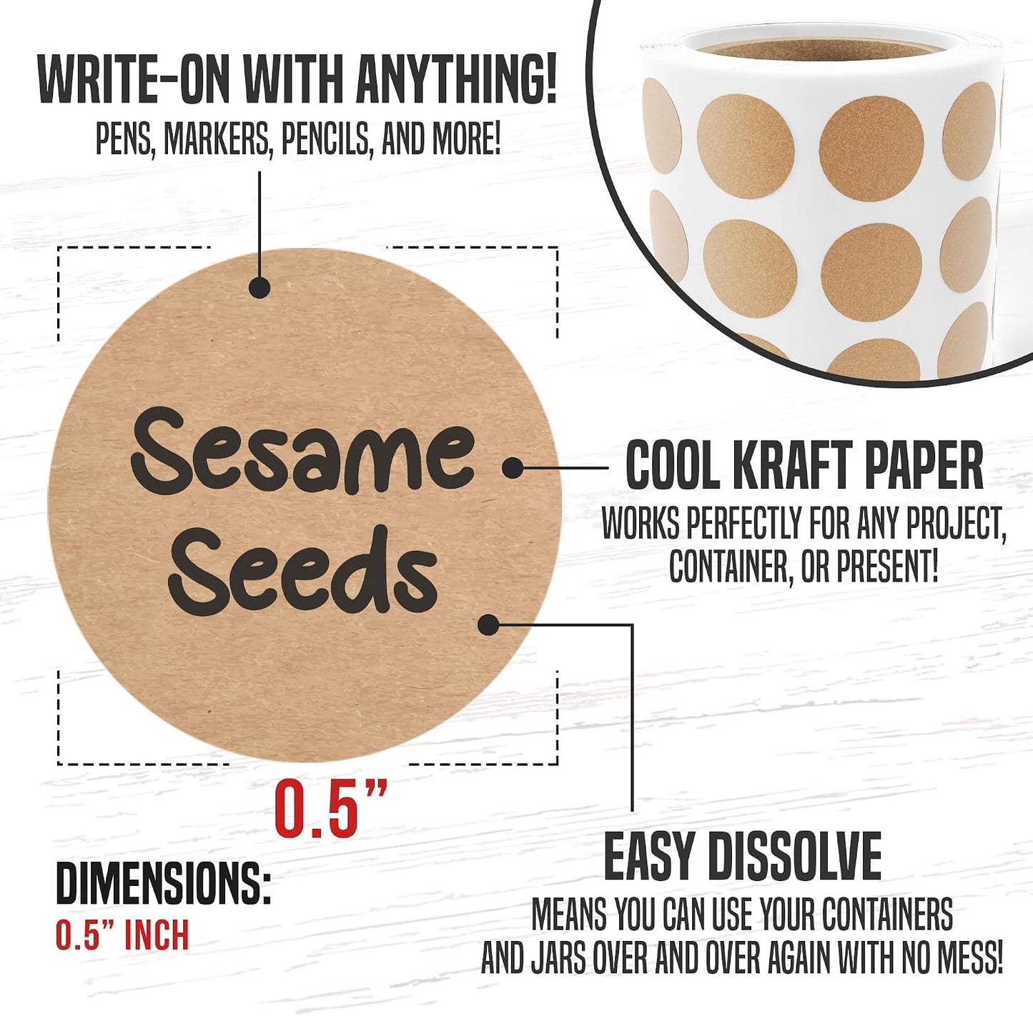 Dissolvable Canning Labels 0.5in Round, Removable Kraft Mason Jar Stickers | Water soluble, no residue, write on with pen, 200 per pack, jam, preserves, pantry, freezer, spice bottles, food storage