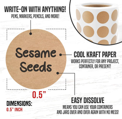 Dissolvable Canning Labels 0.5in Round, Removable Kraft Mason Jar Stickers | Water soluble, no residue, write on with pen, 200 per pack, jam, preserves, pantry, freezer, spice bottles, food storage