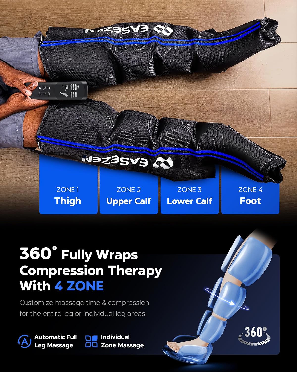 EaseZen Leg Compression Massager for Circulation & Muscle Pain Relief | Leg Recovery Compression System for Fast Recovery of Foot, Calf and Thigh, Edema & Muscle Fatigue Relief