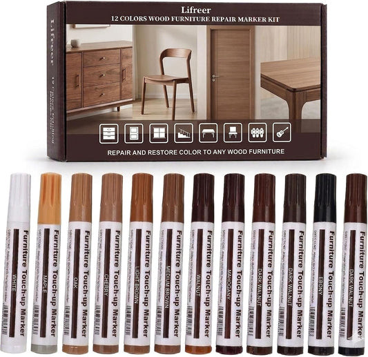 12 Colors Furniture Touch Up Markers, Wood Scratch Repair Markers for Scratches, Scuffs, Nicks on Furniture, Cabinets, Wood Floors, Tables, Doors, Trim & Bedposts