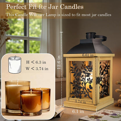 Candle Warmer Lamp Wood with Timer & Dimmer, Enclosed Flameless Top Down Candle Warmer, Farmhouse Lantern Candle Warmer for Jar Candles, Housewarming Home Decor Gift for Men & Women