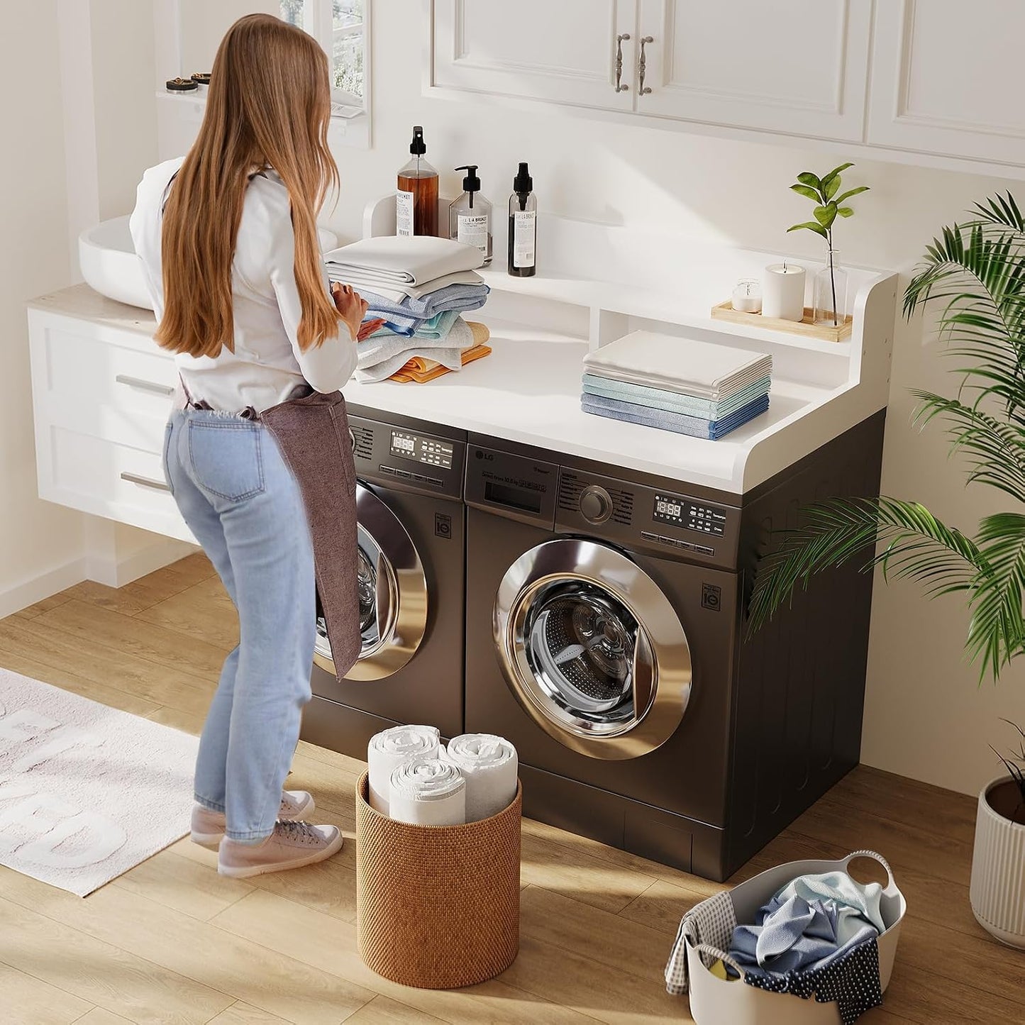 2-Tier Washer Dryer Countertop with 2.75" H Edge Rails, 54" W x 27.55" D Laundry Countertop for Folding Clothes, Washer and Dryer Topper with Non-Slip Pad (Dark Walnut)
