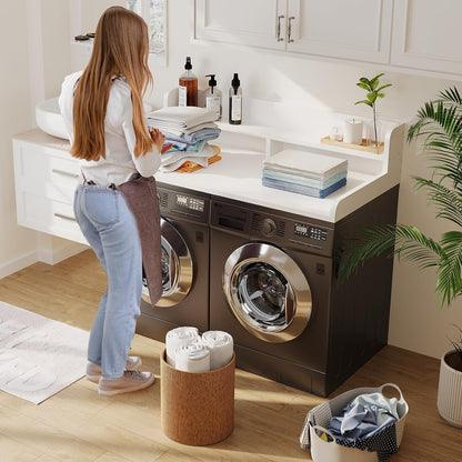 2-Tier Washer Dryer Countertop with 2.75" H Edge Rails, 54" W x 27.55" D Laundry Countertop for Folding Clothes, Washer and Dryer Topper with Non-Slip Pad (Dark Walnut)