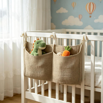 Bedside hanging bag for storing baby milk bottles and blankets - Baby diaper folding bed organizer bag - Brown
