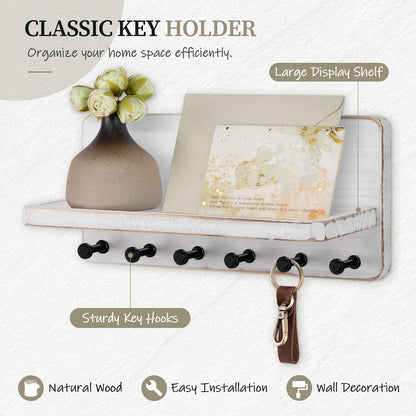 Nekon Key Holder for Wall with Shelf, Pine Wooden Key Hanger, Black | Small Wall Mounted Key Holder with 4 Hooks, Farmhouse Wall Organizer for Home Entryway & Apartment