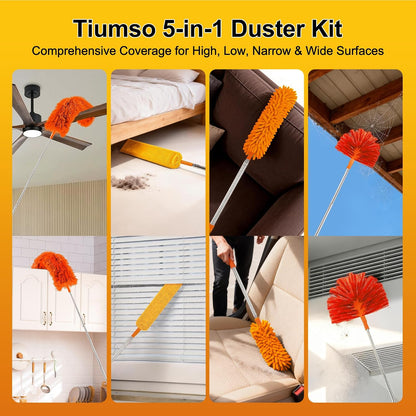 Tiumso Microfiber Feather Duster 5-in-1 Kit, Dusters for Cleaning, Duster with Extension Pole 100 Inches, Cobweb Duster, Microfiber Dusters for High Ceilings and Fans, Blinds, Cars and Furniture