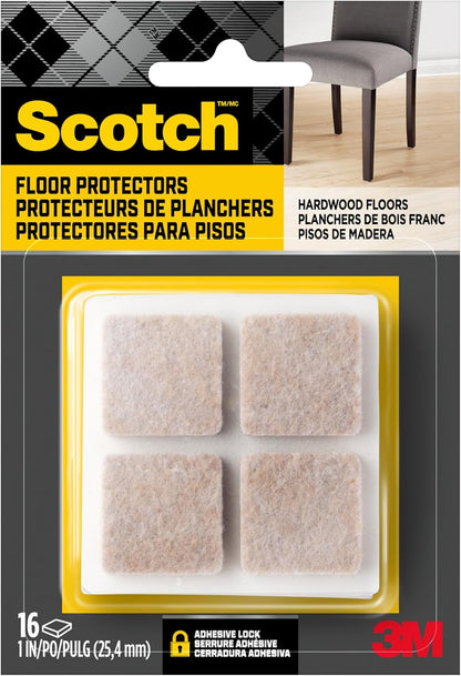 Scotch Felt Pads 16 PCS Beige, Felt Furniture Pads for Protecting Hardwood Floors, 1 x 1 in. Square, Easy-to-Apply, Self-Stick Design, Reliable Protection from Nicks, dents and Scratches (SP802-NA) | Protecting Hardwood Floors, Easy-to-apply, Self-Stick
