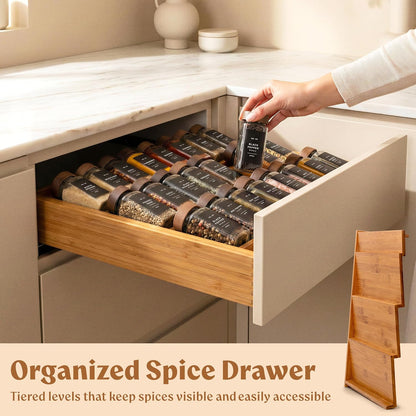 Bamboo Spice Drawer Organizer - Expandable 4 Tier Spice Rack (Need 3" Deep Drawer) 12" to 24" Wide, Seasoning Organizer, Organization Seasoning Rack insert (Jars Not Included)