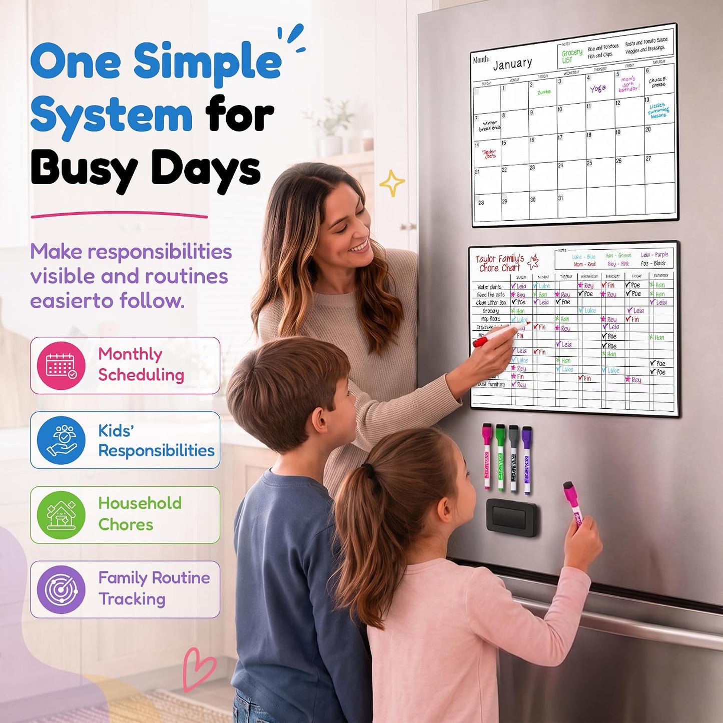 3 Pack Magnetic Dry Erase Calendar for Fridge, 17" x 12" Fridge Planner | Stain-Resistant Magnetic Calendar for Refrigerator with 6 Magnetic Markers & 1 Eraser - Monthly, Weekly & Daily Planner Set