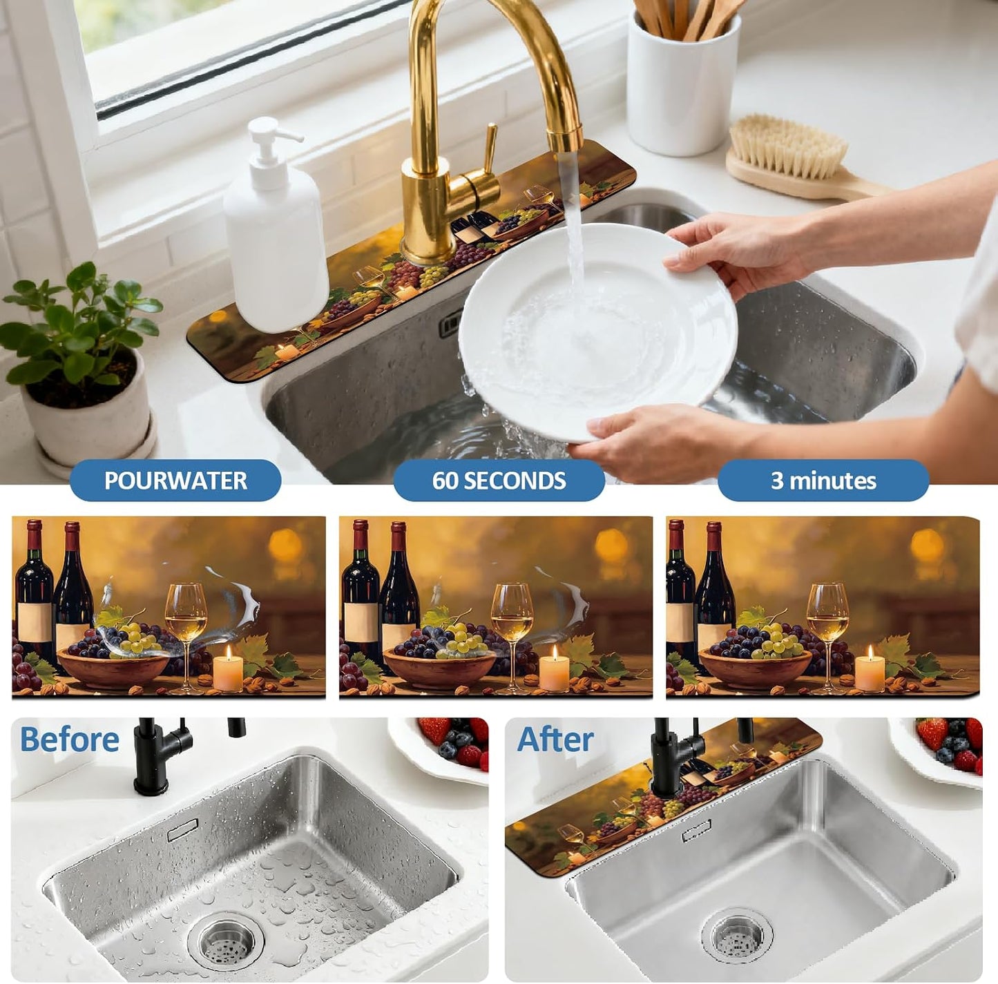 2Pcs Peonies Kitchen Sink Splash Guard Faucet Mat Vintage Florals Faucet Mat For Bathroom Kitchen 5.5x23.6In