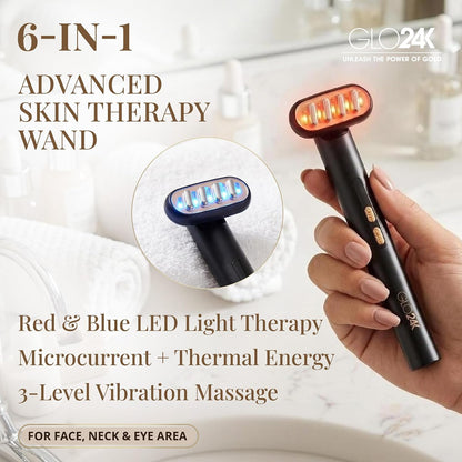GLO24K Heated Eye Wand & Eye Massager Tool - Gentle Warmth & Vibration for Smoother-Looking Skin, Refreshing Under-Eyes Massage, Portable Beauty Device