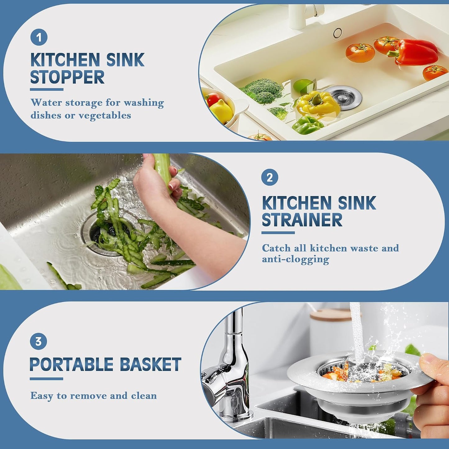 TGOSOMT Kitchen Sink Drain Strainer Stopper, Anti-Clog & Quick Drain | 3-IN-1 Design, Stainless Steel 304, Removable Strainer Basket, Corrosion & Scratch Resistant, Fits US Standard 3-1/2" Drain