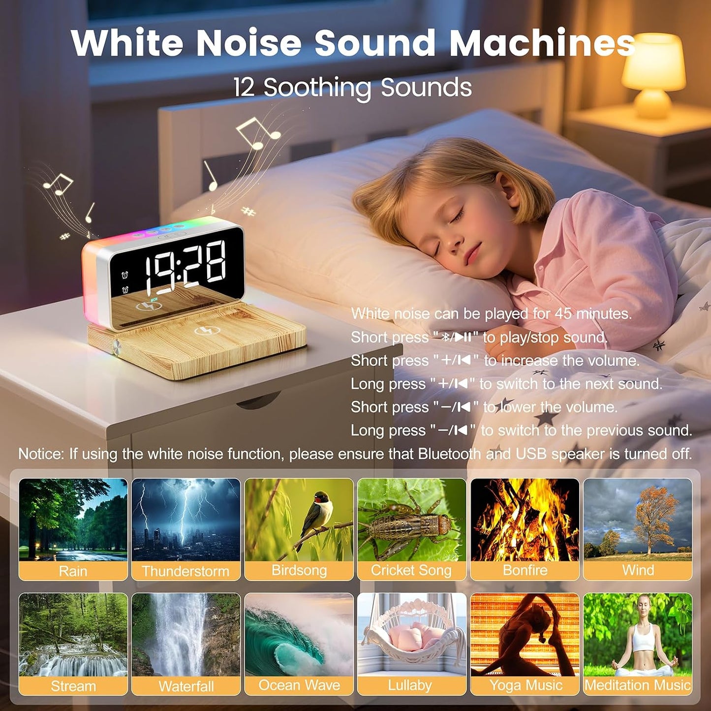 Alarm Clock for Heavy Sleeper,Wireless Charging,Bluetooth Speaker | Dual Alarms for Bedroom,10W Wireless Charging,White Noise Sound Machine, Ideal Gift for Adults,Teens,Kids,Senior (Wood Grain)