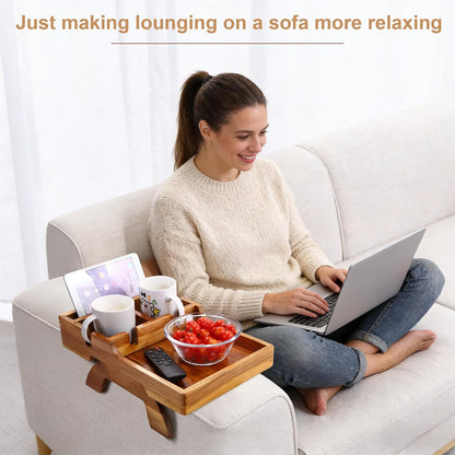 Couch Armrest Table, Acacia Wood Sofa Arm Table with 2 Cup Holders, 15.4"x9.8" Large Foldable Clip on Couch Arm Tray Table with Remotes Storage Slot