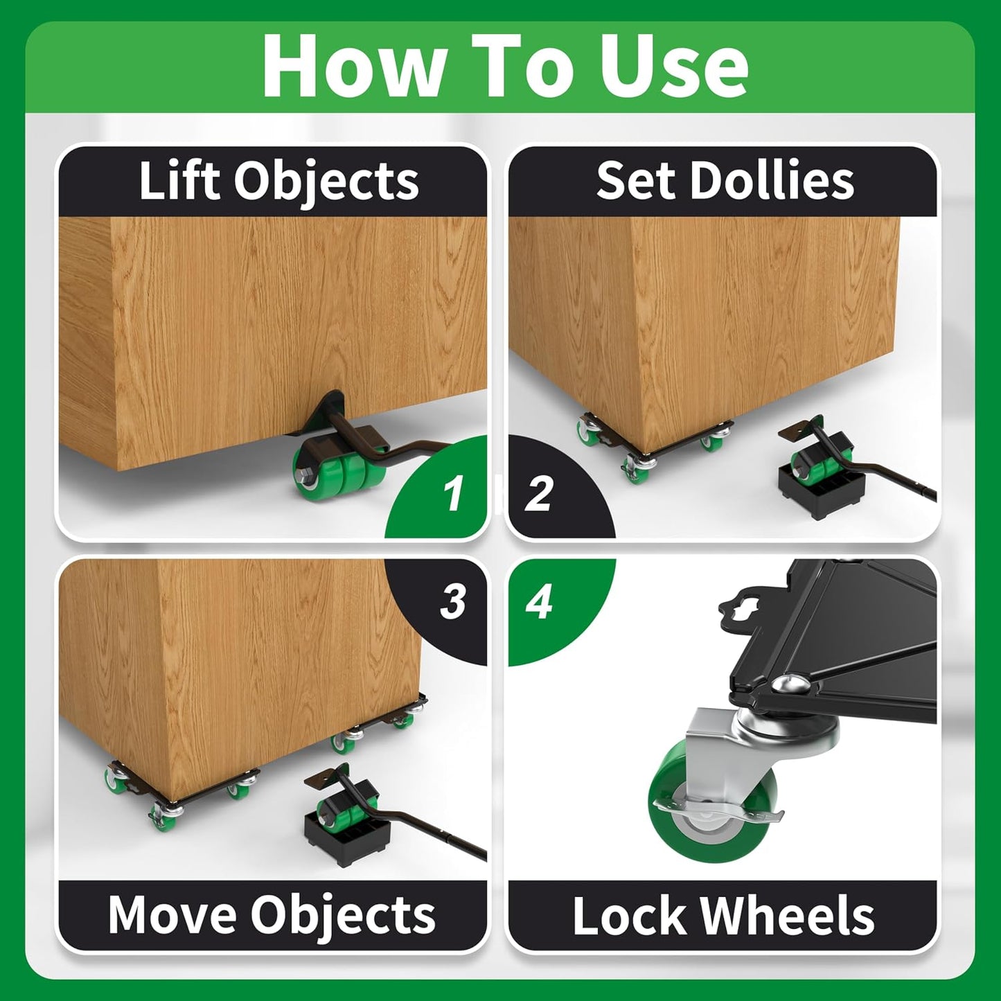 Heavy Duty Furniture Dolly 360 Rotate 5 Wheels 3000 Lbs Capacity 5.3x5.3 in | Furniture Movers with Green Wheels, Measure Tape & Leveler, Alloy Steel Furniture Lifter Tool for Smooth Home & Office Uses