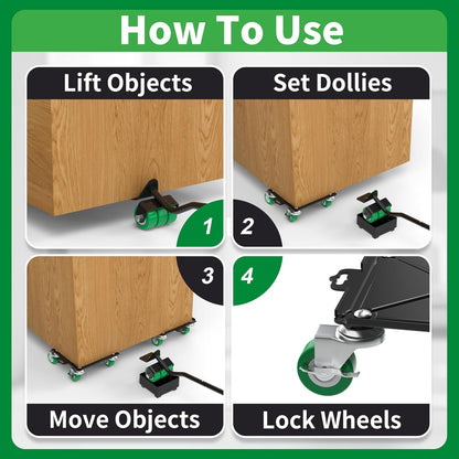 Heavy Duty Furniture Dolly 360 Rotate 5 Wheels 3000 Lbs Capacity 5.3x5.3 in | Furniture Movers with Green Wheels, Measure Tape & Leveler, Alloy Steel Furniture Lifter Tool for Smooth Home & Office Uses