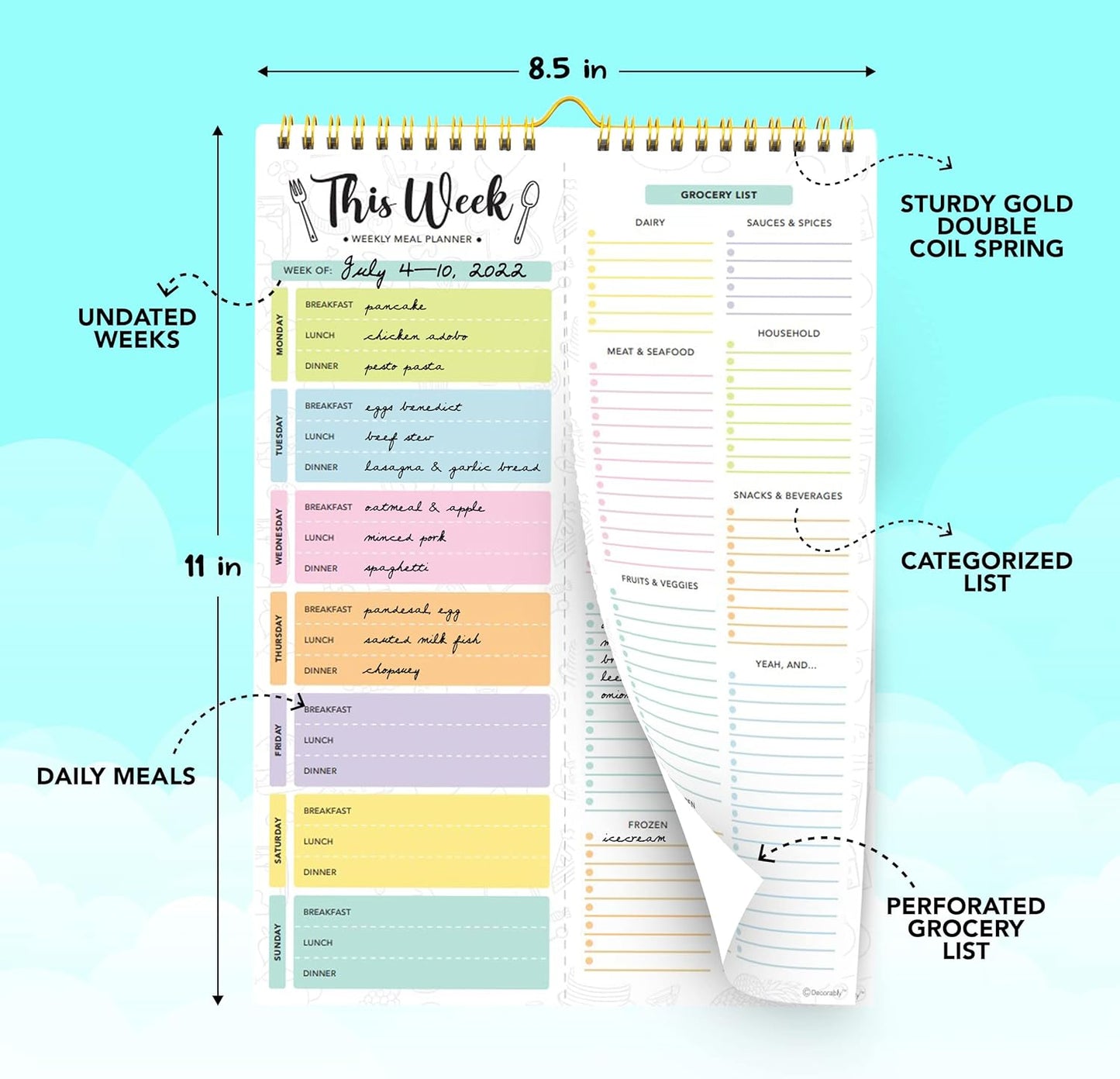 Decorably 52 Sheets Pastel Rainbow Undated Magnetic Weekly Meal Planner | 8.5x11in Grocery List Notepad Meal Planner with 4 Strong Magnets - Spring-Bound, Refrigerator Mountable, Easy Tear-Off Design