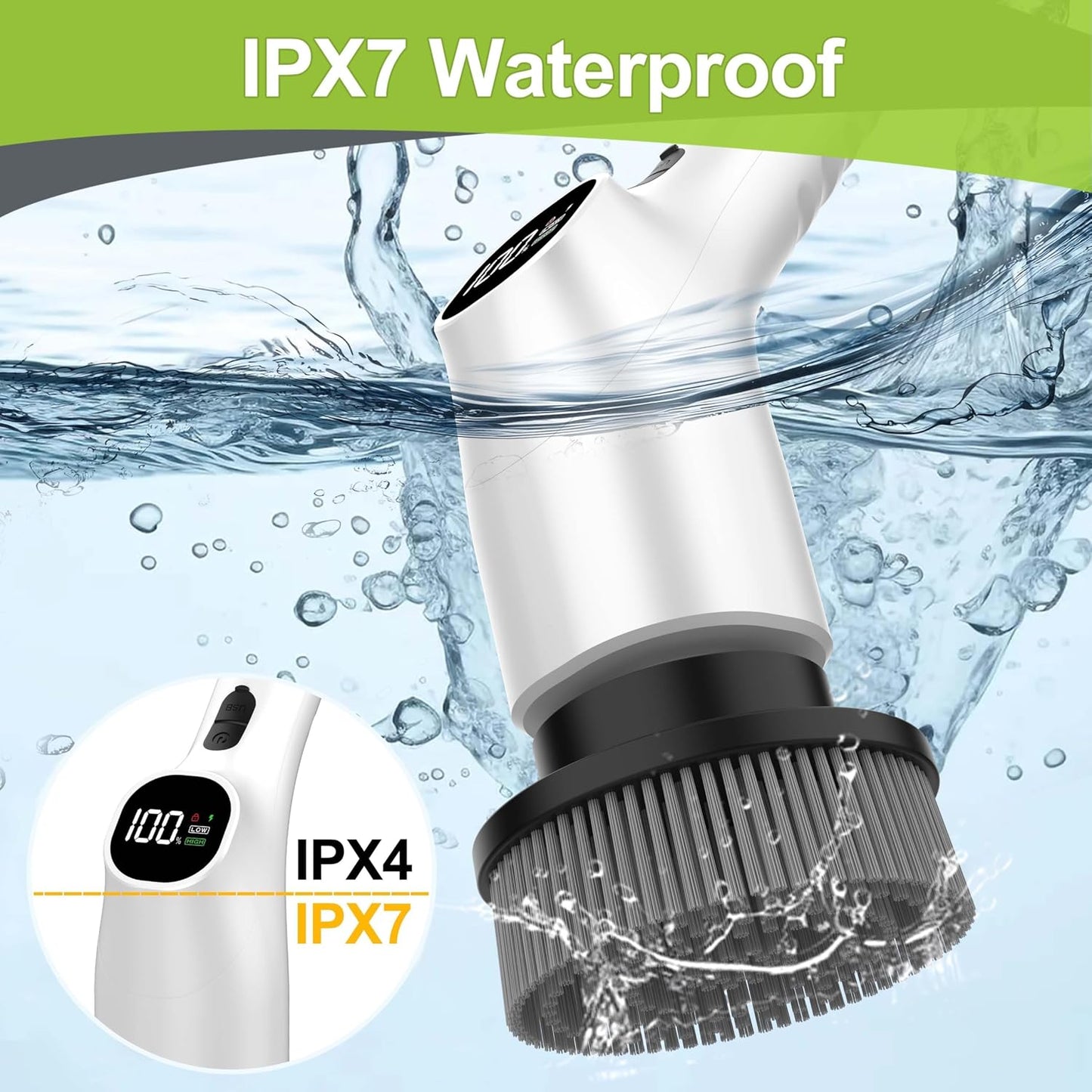WKY-Electric Spin Scrubber - 10-in-1 Cordless Shower Scrubber & Cleaning Brush with Extendable Handle, 42 in-lbs Ultra High Torque, 2 Speeds, IPX7, LED Display, Smart AI Chip, for Bathroom, Kitchen