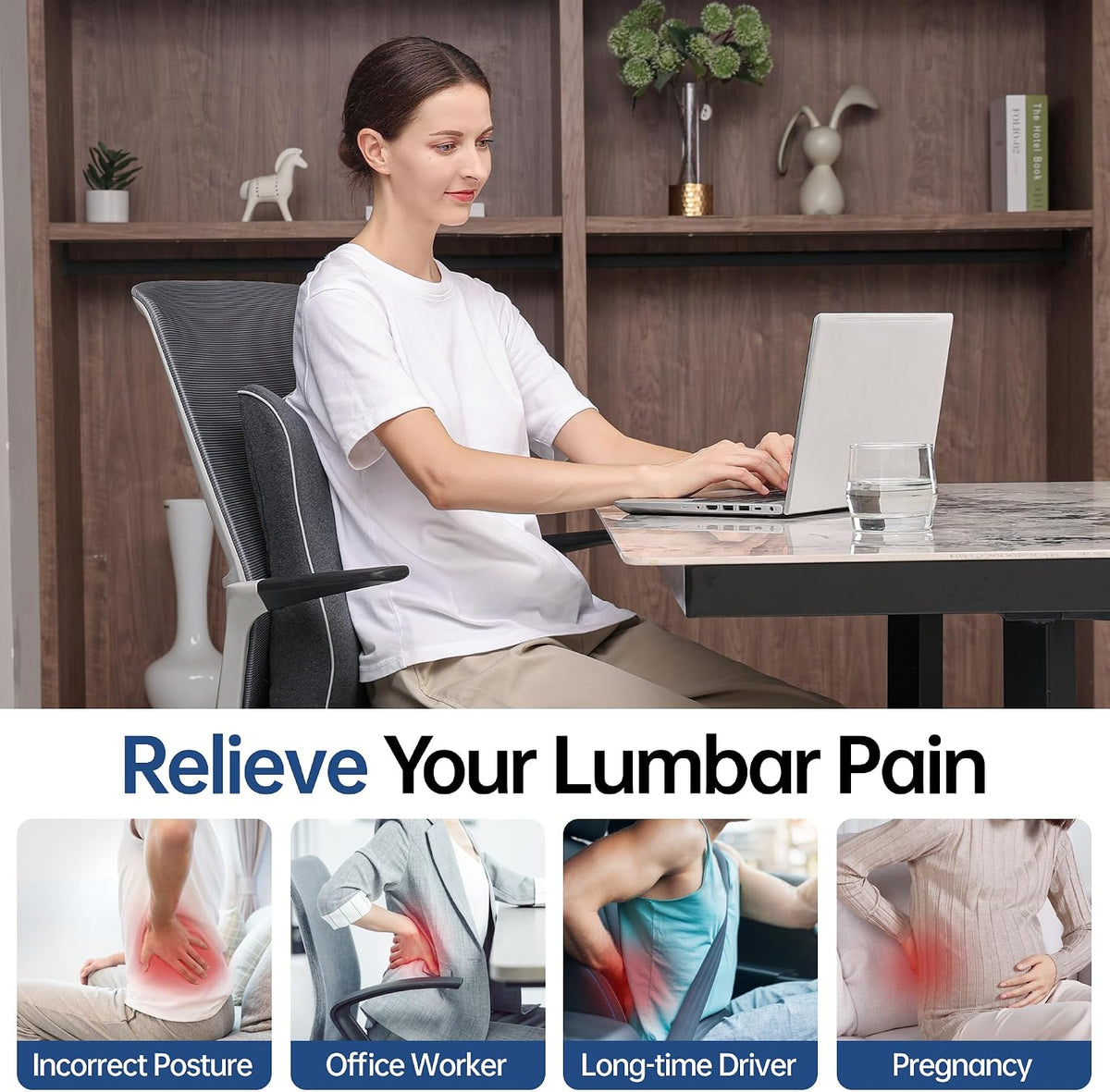 Soft Comfortable Memory Lumbar Support Pillow Back Cushion for Car & Office