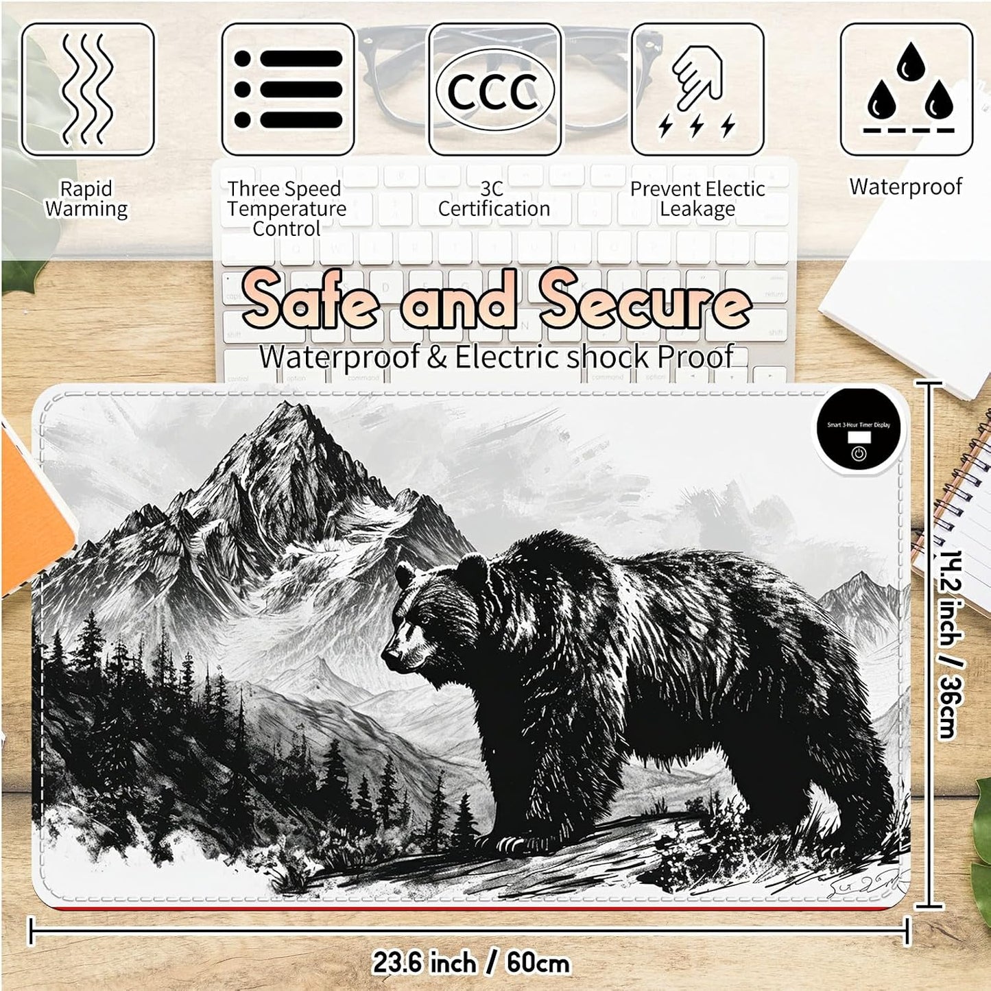 Heated Desk Pad Heated Large Mouse Pad, Electric Quickly Warm Desk Mat with 3 Levels Heating 3 Hours Auto Shut-Off, 31.5" x 13" Warm Gaming Mousepad Hand Foot Warmer, Baby Elephant