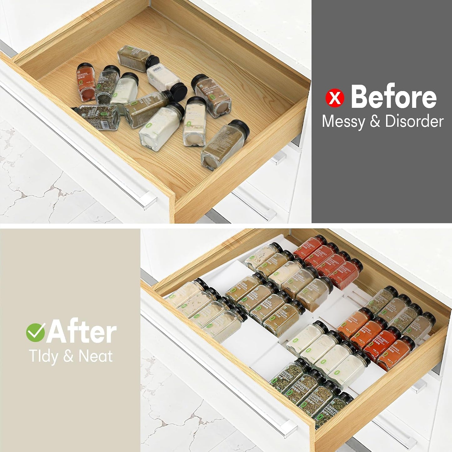 Bamboo Spice Drawer Organizer, 4-Tier Spice Rack for Cabinet | 12"-23" Expandable,No Assembly,Seasoning Storage Insert,(Need 3.1” Deep Drawer) Spice Organizer for Drawer,Jars Not Included