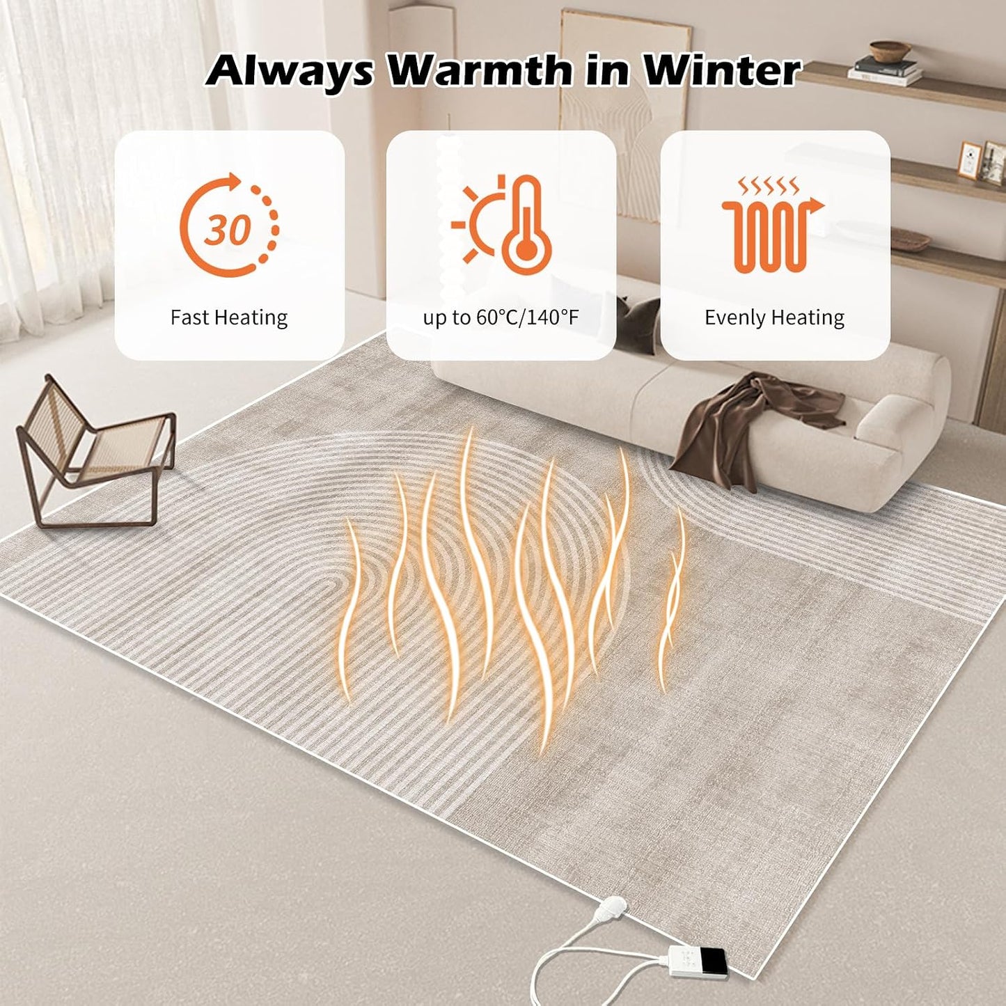 Electric Heated Carpet 35x55in Soft Plush Heating Rug 450W CX | Instant Warmth in 30s, 60 Heat Levels 12h Timer, Energy Efficient Safety Protection Ideal for Home Office Playroom 120V