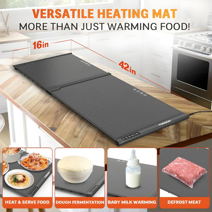 XXL Food Warming Mat Countertop 42"x16" – 2 Piece Extendable Electric Warming Tray for Buffets & Parties – Extra Large Roll Up Silicone Food Warmer Mat with 8 Temp Settings, Auto Shut Off Food Warmer
