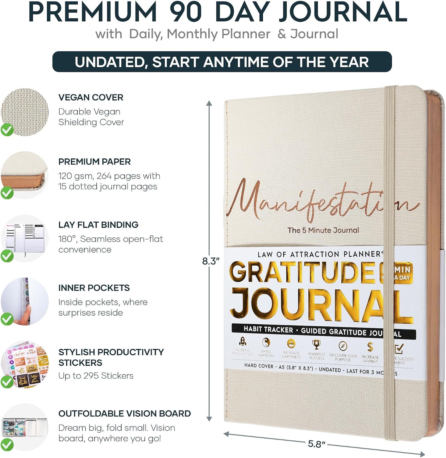 Freedom Mastery Daily Journal of Gratitude, Productivity & Habit Tracker | Undated 90-Day Planner with Daily Reflection, Mindfulness, Positivity, Vision Board & Stickers, Gratitude Journal for Women
